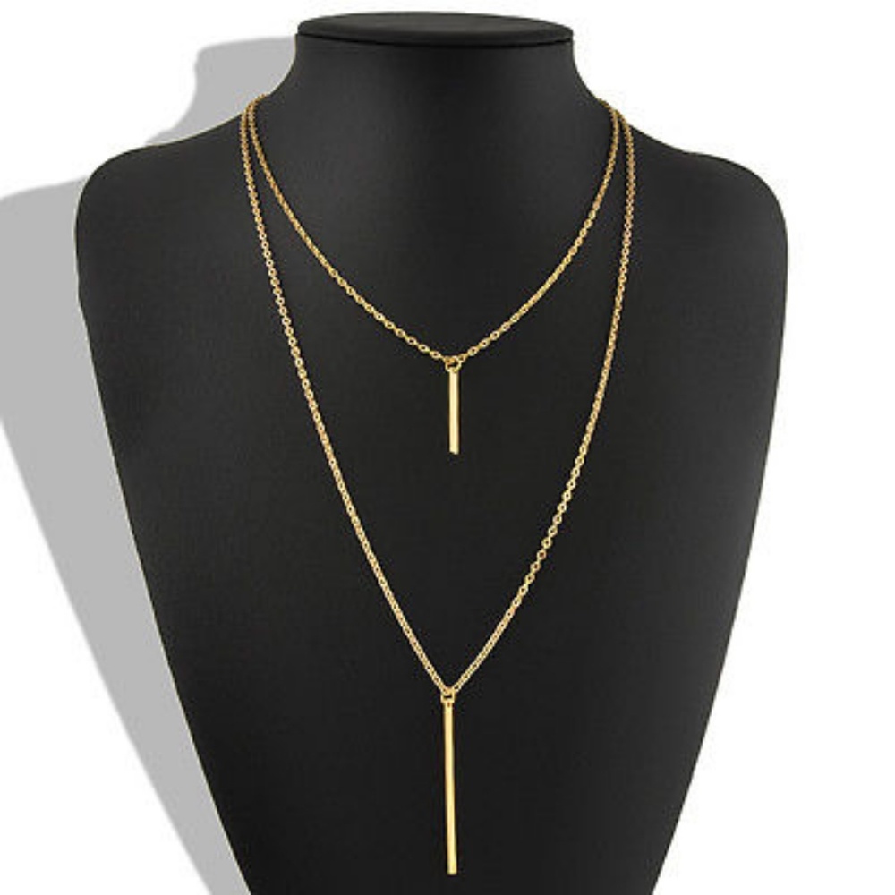 Gold Double Layered Bar Pendant Necklace